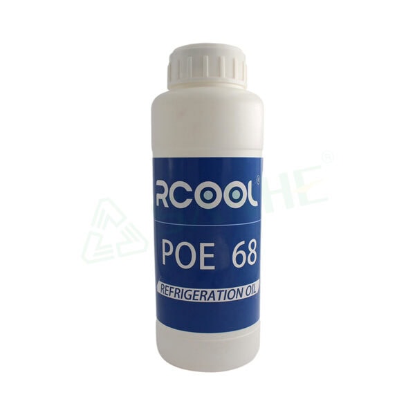 Refrigerant oil POE68 in a white bottle with blue label for HVAC systems, 500ML capacity, suitable for refrigeration and air conditioning.
